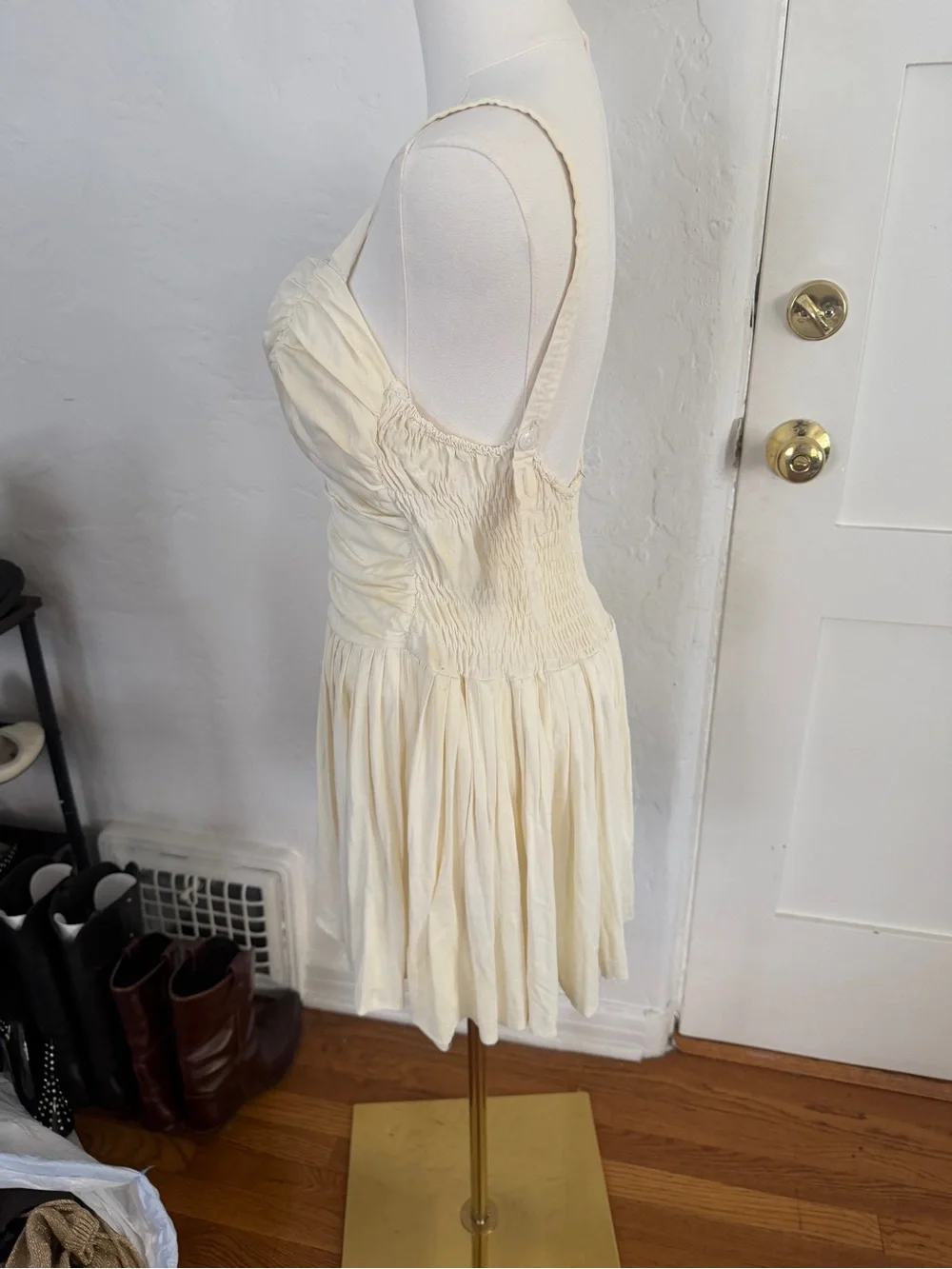 Strap Ruched Cream Swing Dress